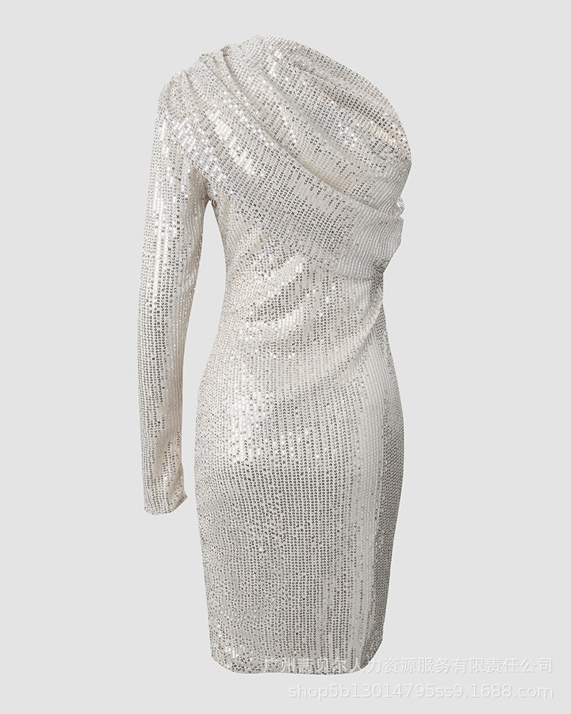 Silver One Shoulder Sequin Dress