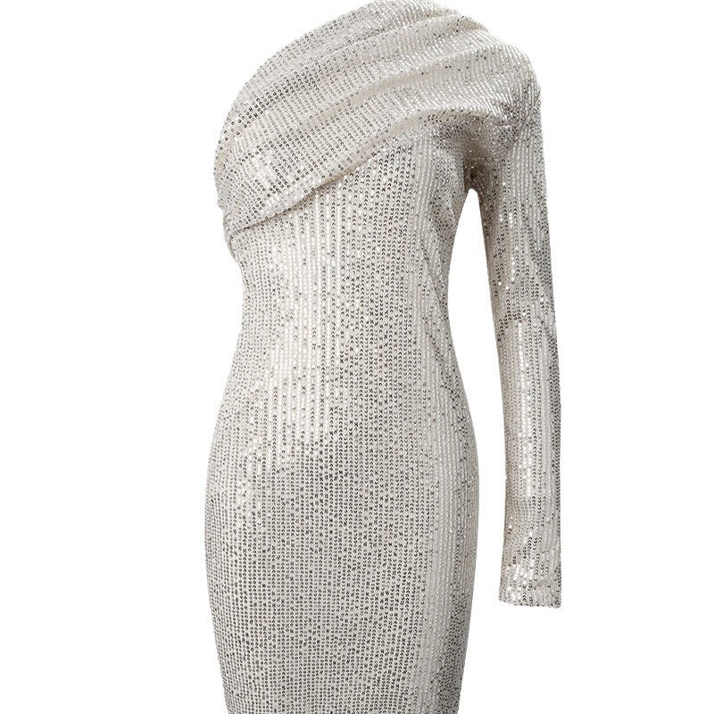 Silver One Shoulder Sequin Dress